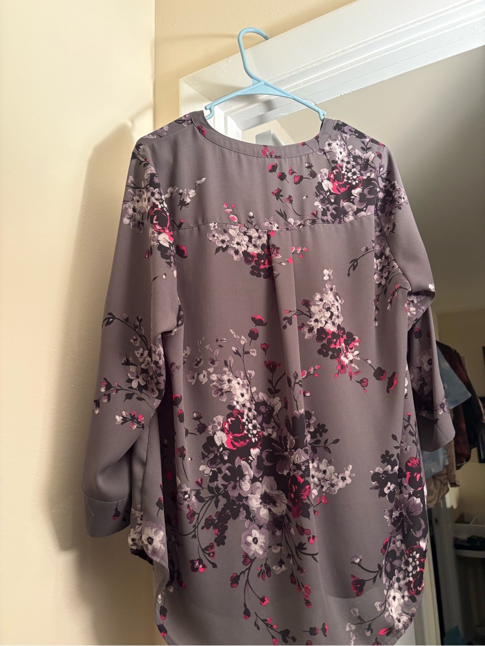 torrid Gray Floral Long-Sleeve Blouse with Pink Accents